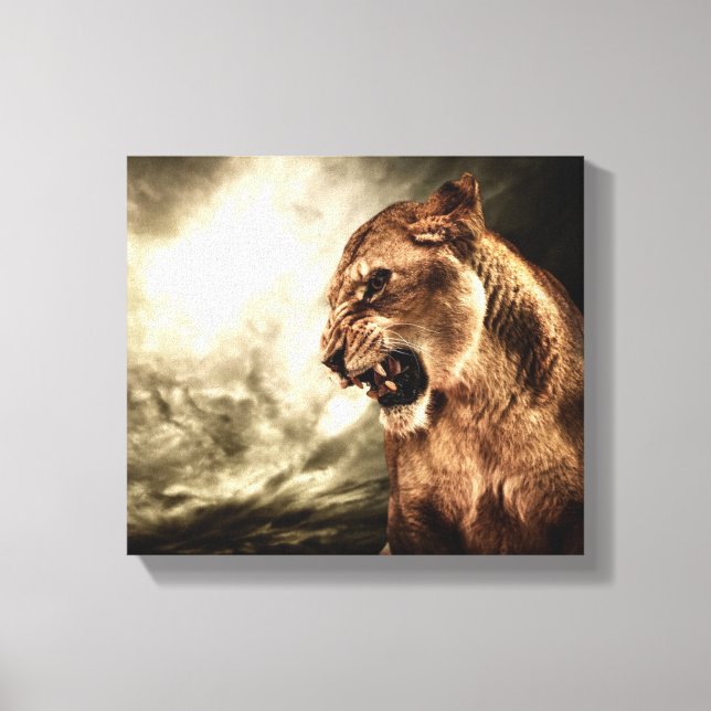 Roaring lioness against stormy sky canvas print (Front)