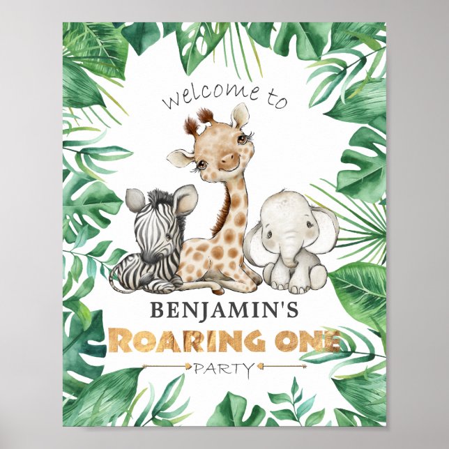 Roaring One Jungle Safari 1st Birthday Party Poster (Front)