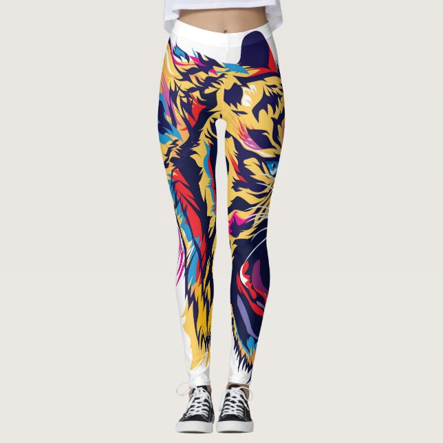 Roaring tiger: colourful head illustration. leggings (Front)