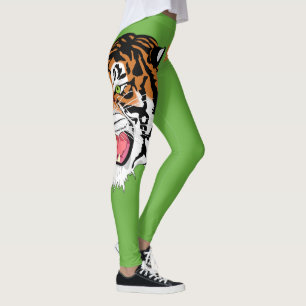 Roaring Tiger Head Print on Green Leggings
