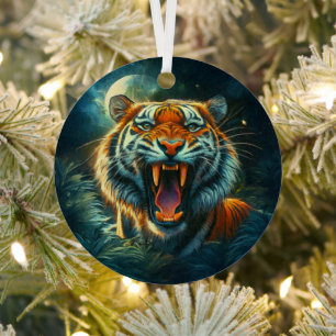 Roaring Tiger Moonlit Jungle Metal Tree Decoration