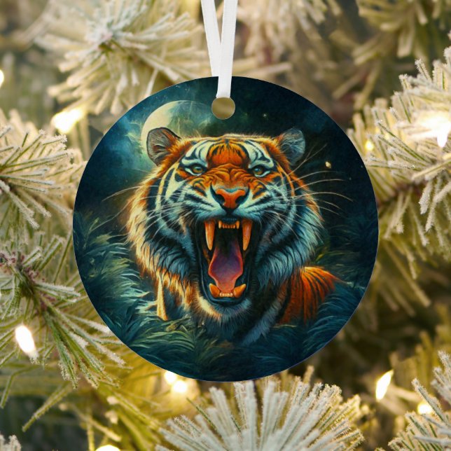 Roaring Tiger Moonlit Jungle Metal Tree Decoration (Insitu)