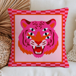 Roaring Tiger on Chequered Pattern Funky Pink Cushion