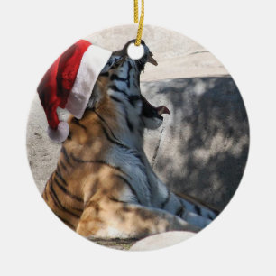 Roaring Tiger with Santa Hat Ceramic Tree Decoration