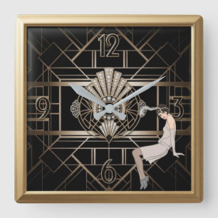 Roaring Twenties Art Deco Flapper Girl Geometric Square Wall Clock