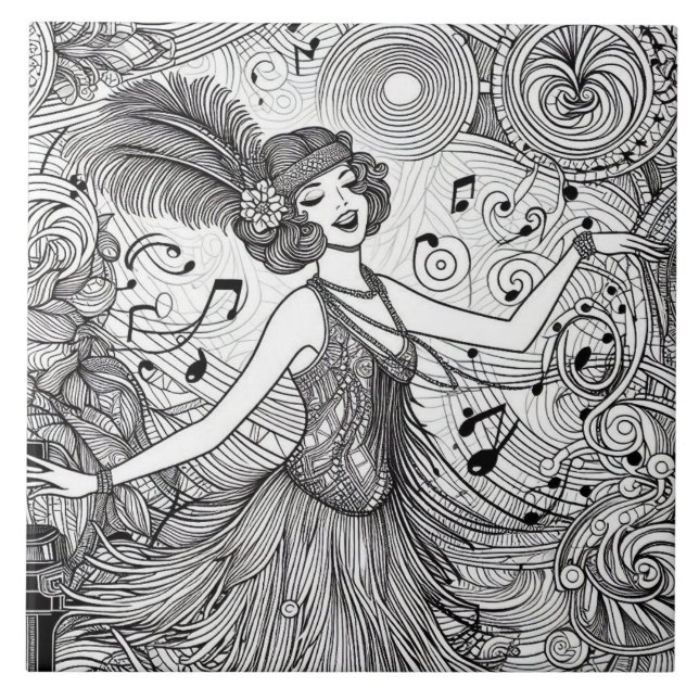 Roaring Twenties Art Deco Retro Glam Black & White Tile (Front)