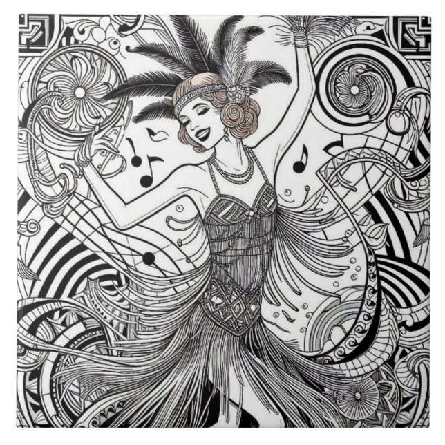 Roaring Twenties Art Deco Retro Glam Black & White Tile (Front)
