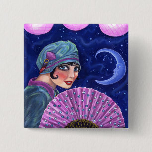 Roaring Twenties Flapper Girl Fan Moon Stars 15 Cm Square Badge