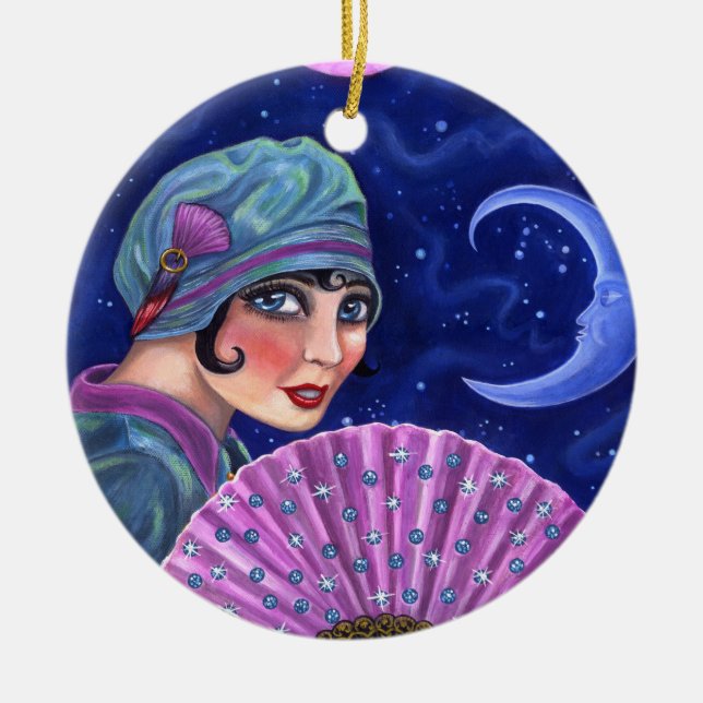 Roaring Twenties Flapper Girl Fan Moon Stars Ceramic Tree Decoration (Front)
