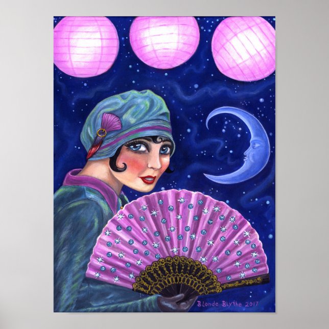 Roaring Twenties Flapper Girl Fan Moon Stars Poster (Front)