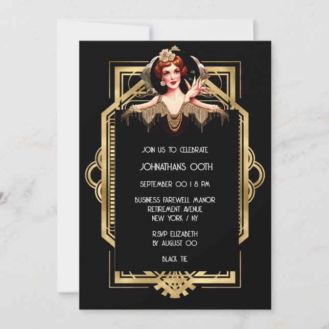 Roaring twenties Gatsby Flapper girl black gold  Invitation (Front)