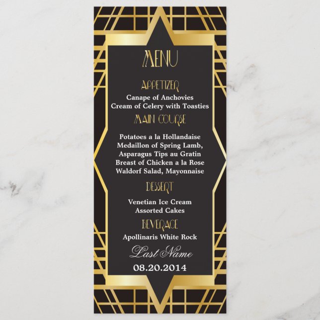 Roaring Twenties Gatsby Style Wedding Menu (Front)