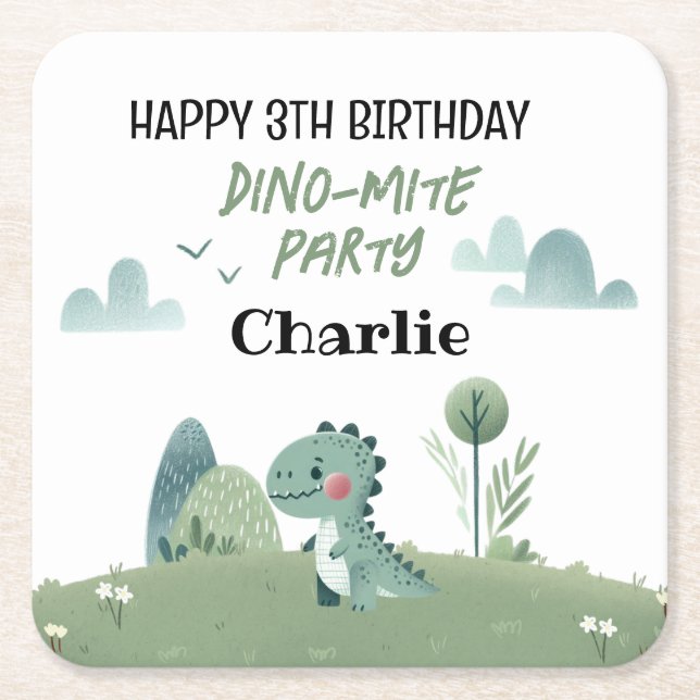 Roarsome Dino Birthday  Square Paper Coaster (Front)