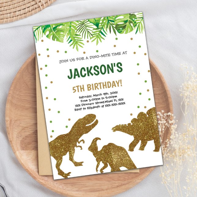 Roarsome Prehistoric Party Card (Brown Glitter Dinosaur Birthday Invitations)