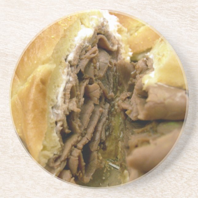Roast beef sandwich with creamy goat cheese coaster (Front)