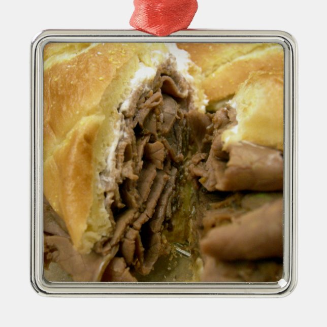 Roast beef sandwich with creamy goat cheese metal tree decoration (Front)