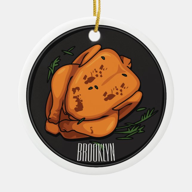 Roast chicken cartoon illustration ceramic tree decoration (Front)