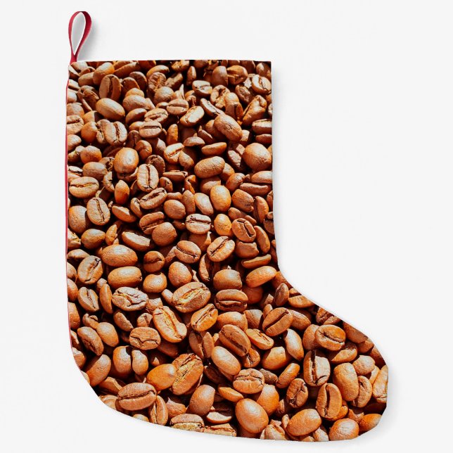 roasted aromatic coffee beans in sunlight, coffee  small christmas stocking (Front)