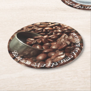 Roasted Coffee Beans With Silver Scoop Photograph Round Paper Coaster