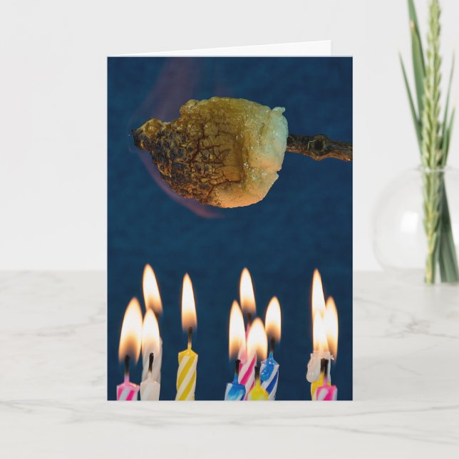 roasting marshmallow over birthday candles card (Front)