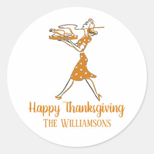 Roasting Turkey Retro Happy Thanksgiving Classic Round Sticker