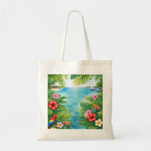 Roatán Honduras Tropical Turtle, Parrot & Hibiscus Tote Bag