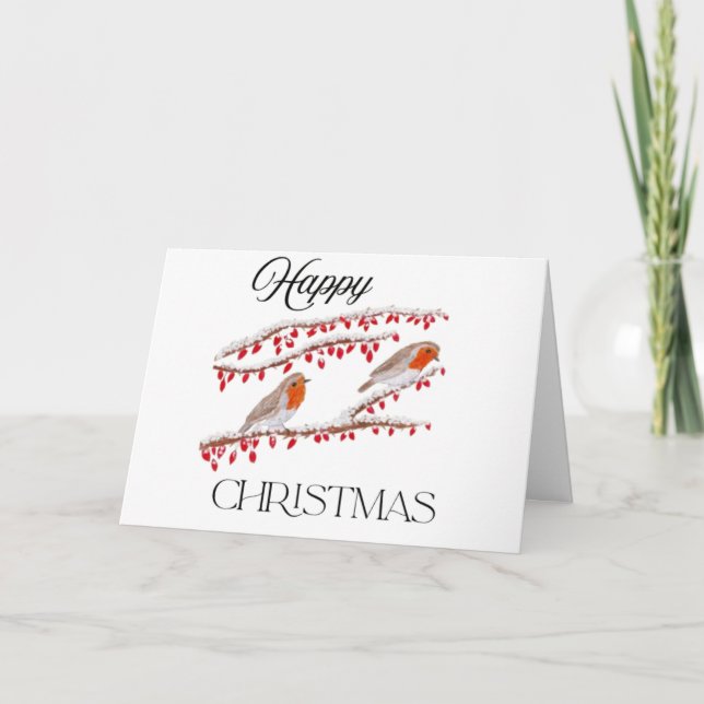 Robbins sitting on snow Christmas Card  (Front)