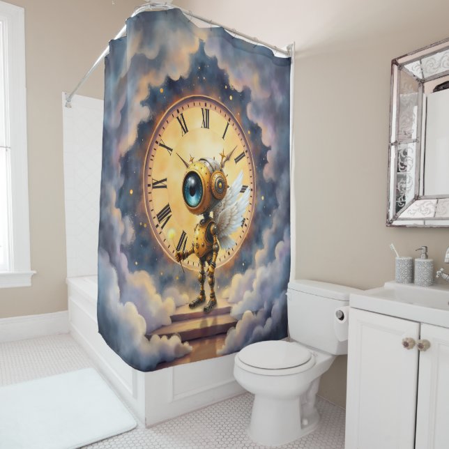 Robby the Winged Timekeeper – Wings of Time Series Shower Curtain (In Situ)
