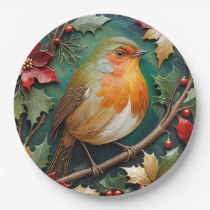Robin Amidst the Holly and Poinsettia Paper Plate