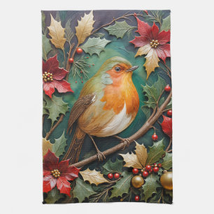 Robin Amidst the Holly and Poinsettia Tea Towel