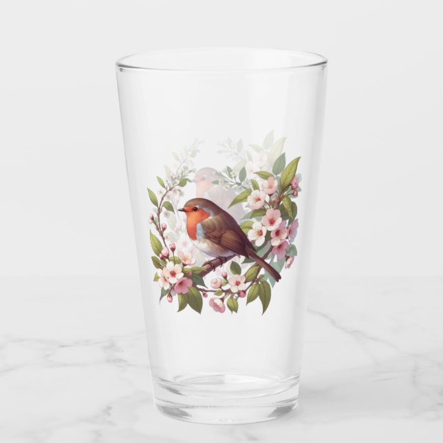 Robin Among Flowers Drinking Glass (Front)