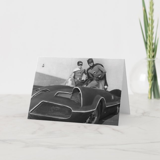 Robin and Batman Standing in Batmobile Card (Front)