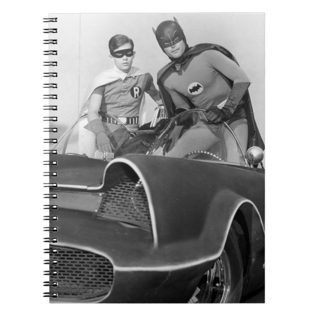 Robin and Batman Standing in Batmobile Spiral Notebook (Front)