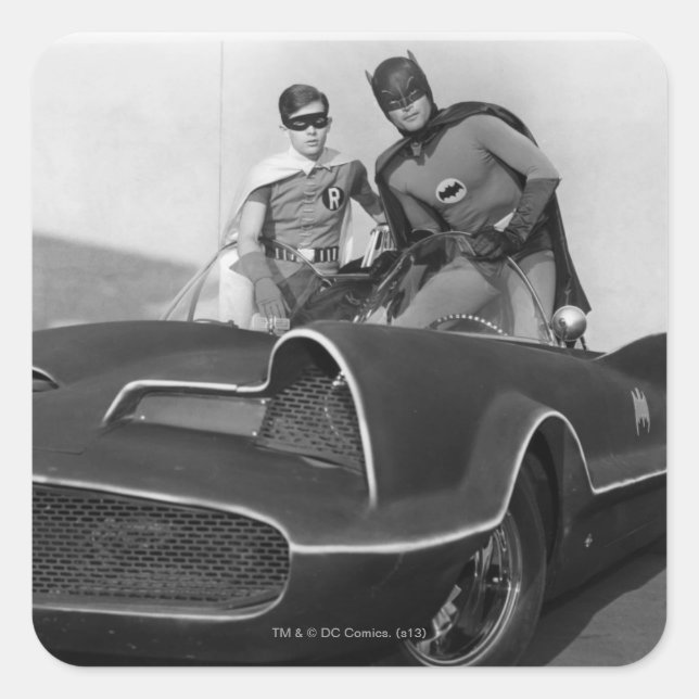 Robin and Batman Standing in Batmobile Square Sticker (Front)