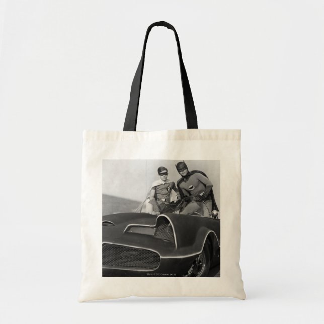 Robin and Batman Standing in Batmobile Tote Bag (Front)
