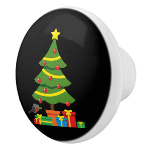 Robin And Colorful Presents Under Christmas Tree Ceramic Knob