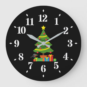 Robin And Colorful Presents Under Christmas Tree Large Clock