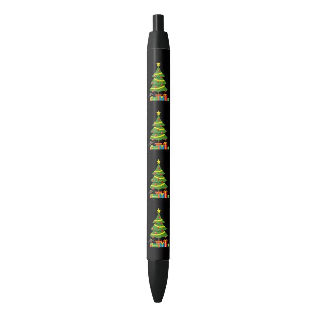Robin And Colourful Presents Under Christmas Tree Black Ink Pen (Front Vertical)
