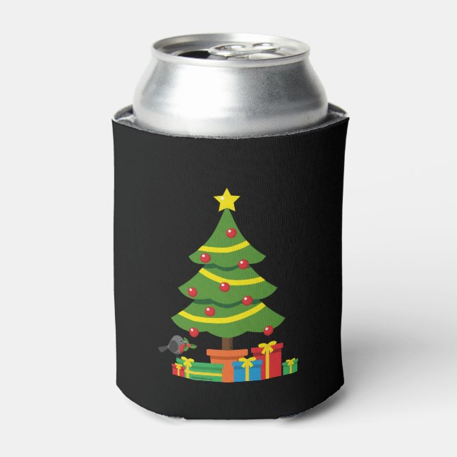 Robin And Colourful Presents Under Christmas Tree Can Cooler (Can Front)