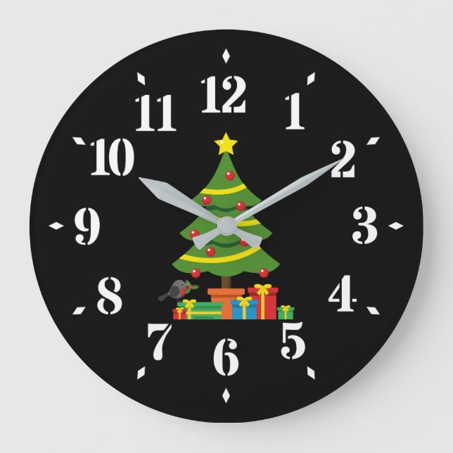 Robin And Colourful Presents Under Christmas Tree Large Clock (Front)
