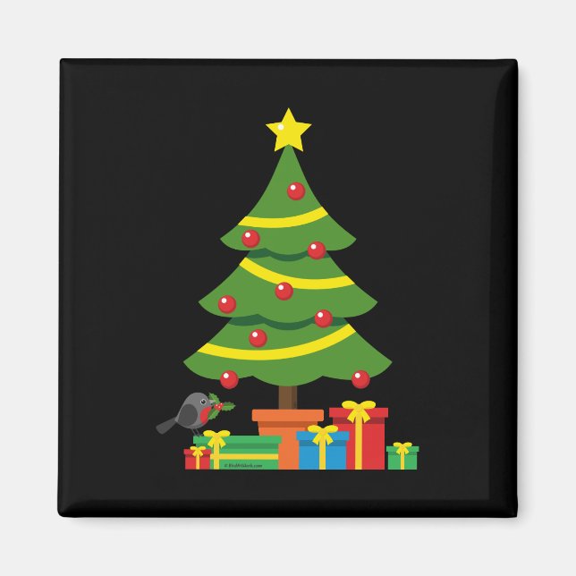 Robin And Colourful Presents Under Christmas Tree Magnet (Front)