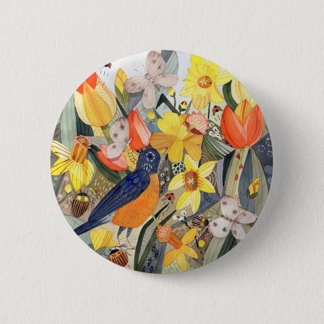 Robin and Daffodils button (Front)