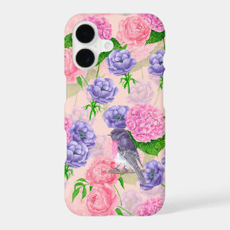 Robin and flowers, watercolor pattern