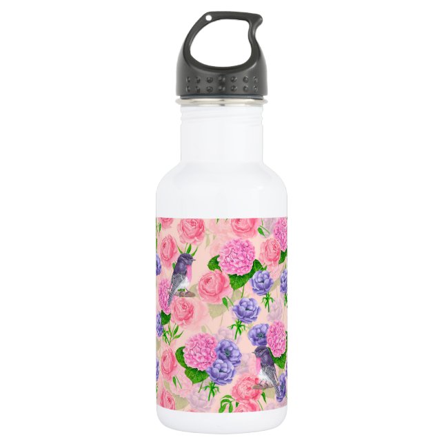 Robin and flowers, watercolor pattern 532 ml water bottle (Front)