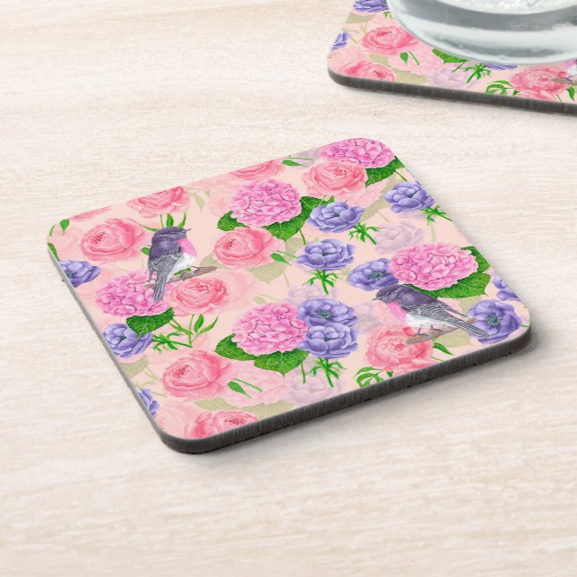 Robin and flowers, watercolor pattern coaster (Left Side)