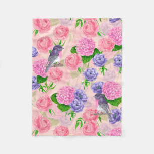 Robin and flowers, watercolor pattern fleece blanket