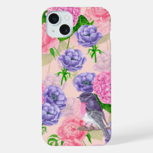 Robin and flowers, watercolor pattern iPhone 15 plus case