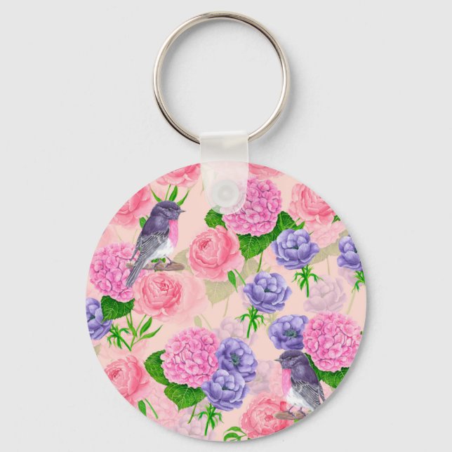 Robin and flowers, watercolor pattern key ring (Front)