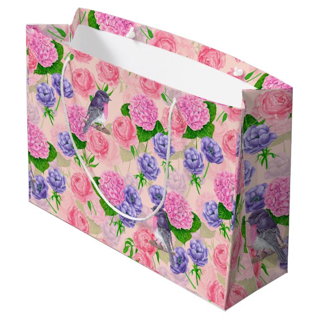Robin and flowers, watercolor pattern large gift bag (Back Angled)