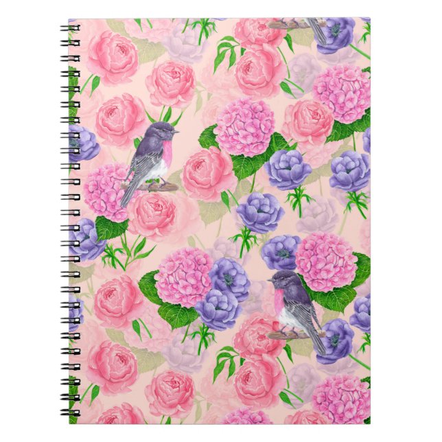 Robin and flowers, watercolor pattern notebook (Front)